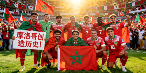 摩洛哥队创造历史闯入世界杯四强后全队合影